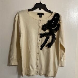 August Silk Chic Cream Cardigan with Black Embellishments